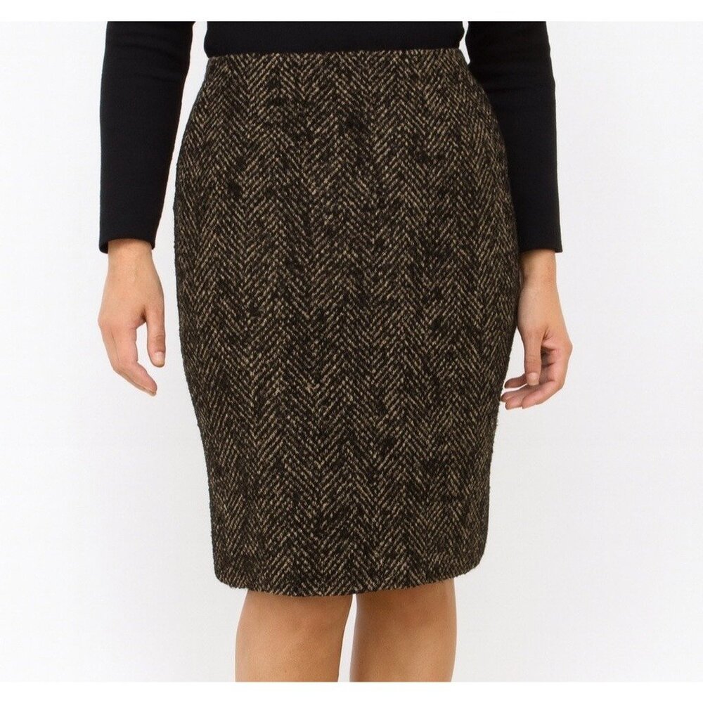 MaxMara Herringbone Gold Black Wool Silk Skirt Sz 2 Metallic Gold Back Crocodile